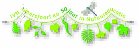 IVN Amersfoort viert 50 jaar natuureducatie met groene bladeren en een libelle. 1976-2026.