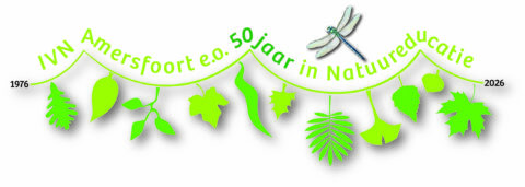 Groene bladerenlijn met tekst "IVN Amersfoort 50 jaar in Natuureducatie", libel bovenaan.