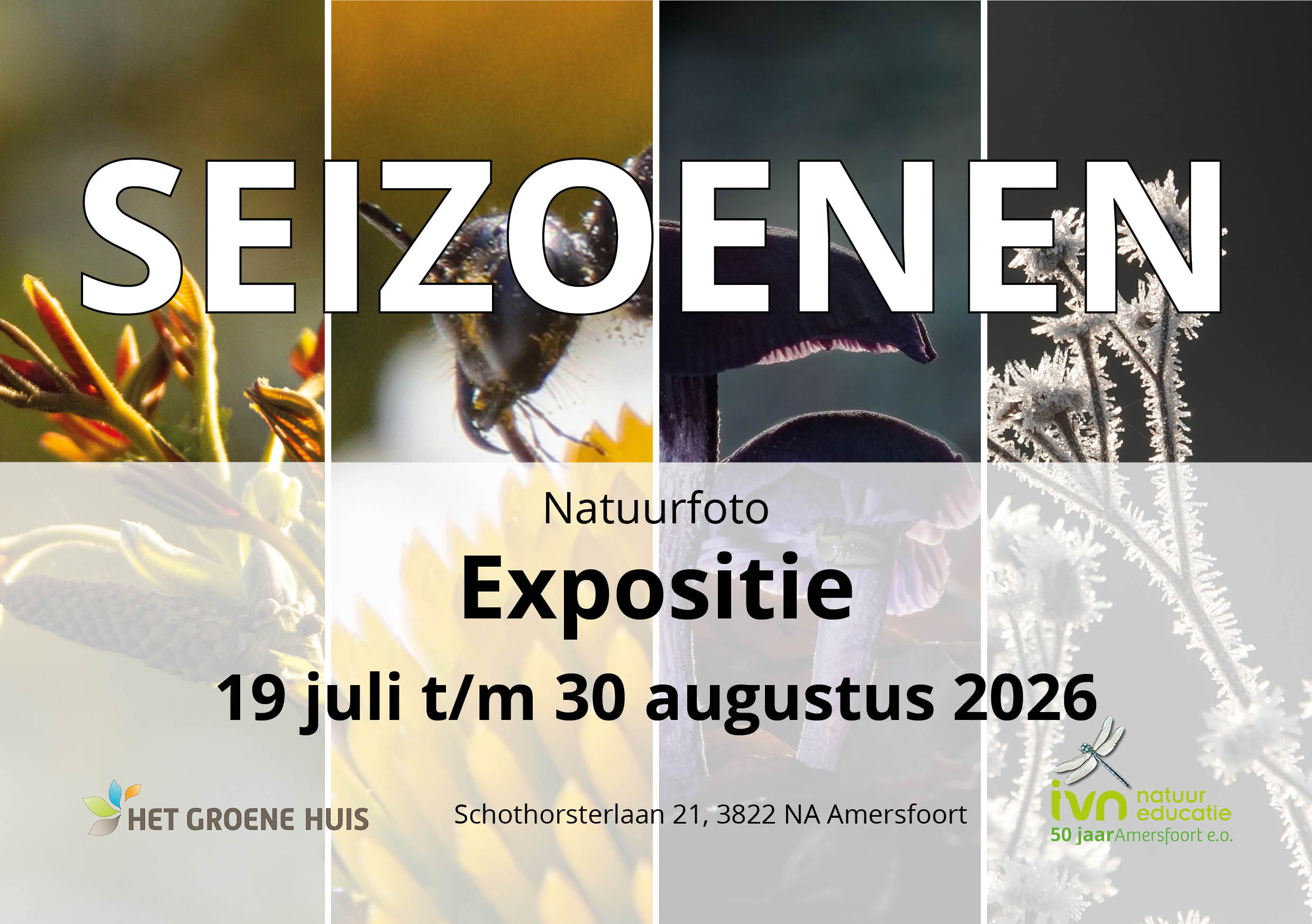 Banners voor natuurfoto-expositie "SEIZOENEN" van 19 juli t/m 30 aug 2026, Amersfoort locatie.