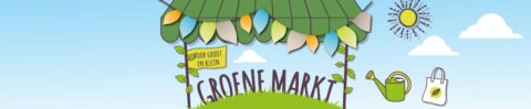 Groene Markt illustratie met marktstalletje, zon, gietertje en tas onder een blauwe hemel.