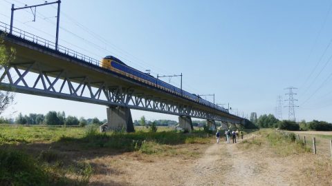 Trein op verhoogd spoorviaduct boven weiland; groep mensen wandelt op pad eronder.