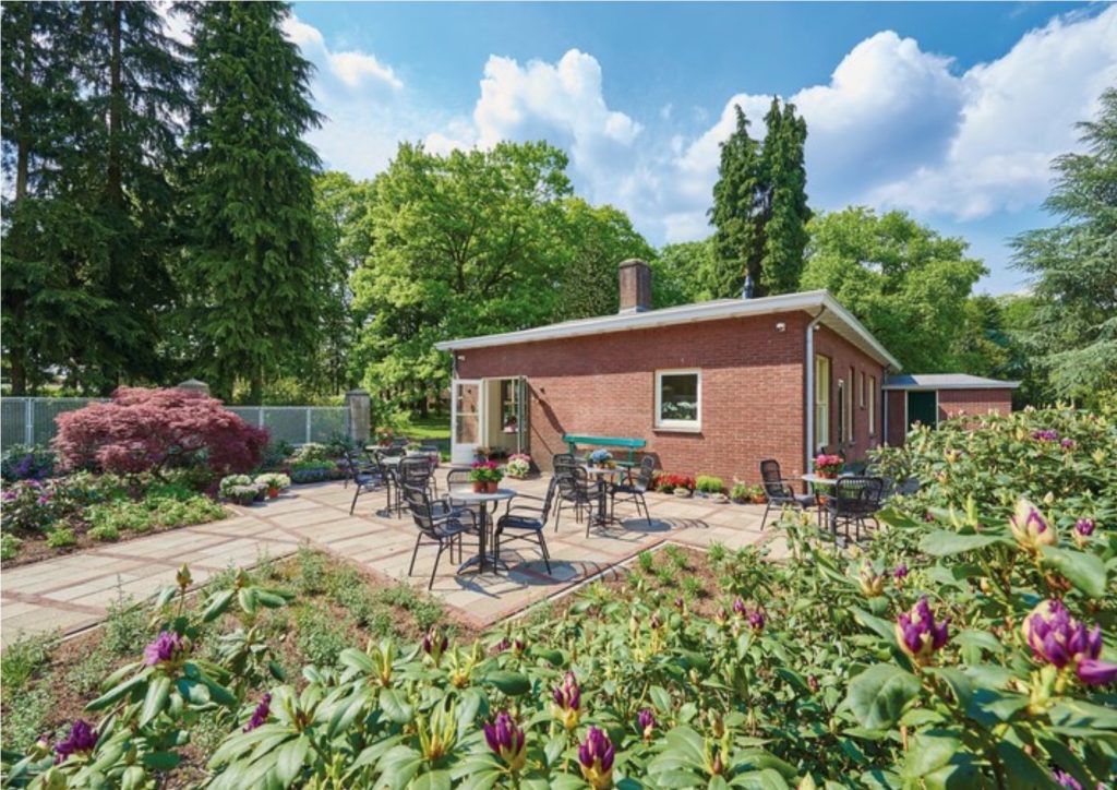 Tuin met bloeiende struiken, terras en bakstenen gebouw onder blauwe lucht.