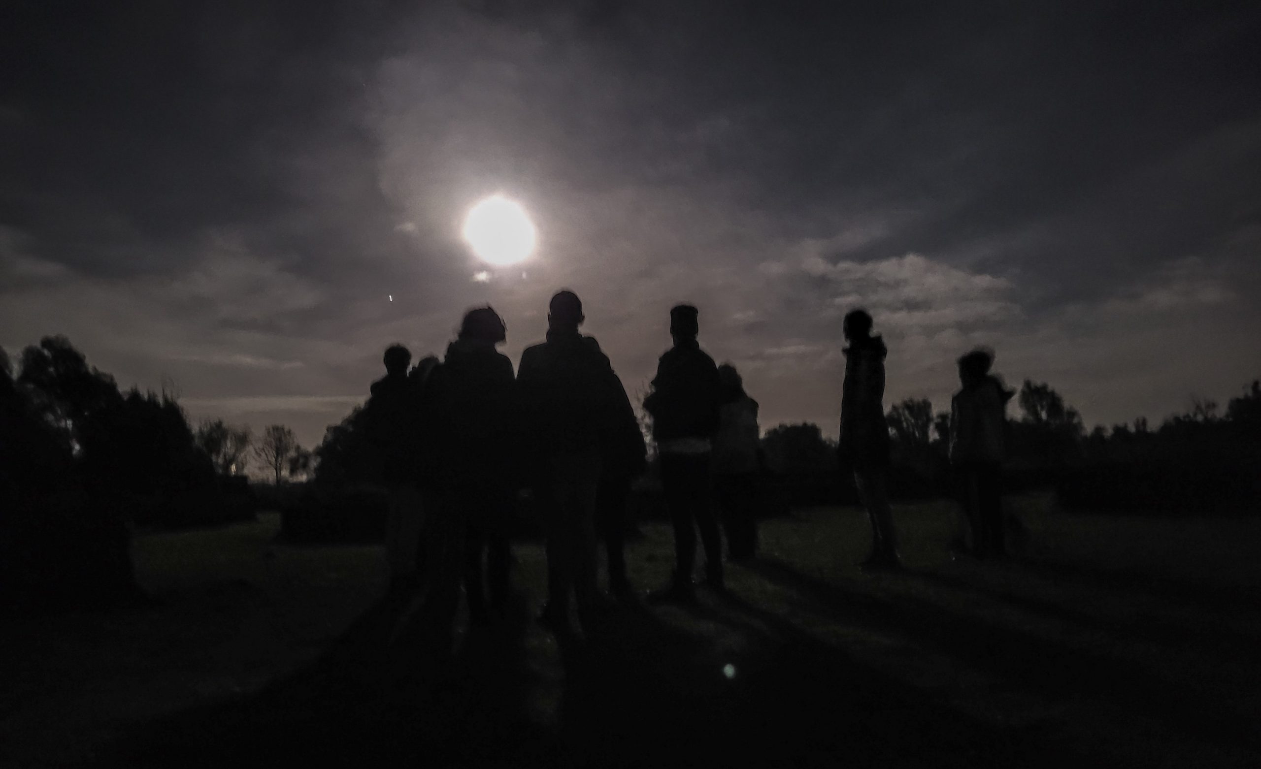 Groep silhouetten voor een heldere nachtelijke hemel met volle maan.