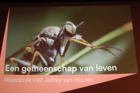 Close-upfoto van een insect met tekst: "Een gemeenschap van leven, nagesprek met Jeffrey van Houten".