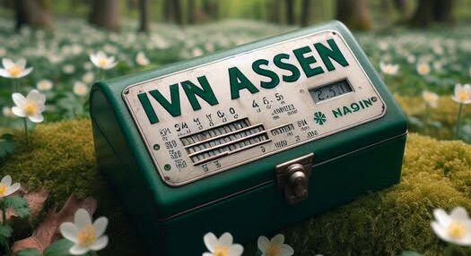 Oud metalen groen kastje met tekst “IVN Assen” op mos, omringd door witte bloemen in bos.