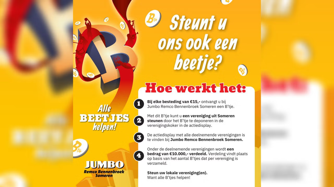 Gele flyer van Jumbo-actie om verenigingen te steunen met tekst en uitleg over het inzamelprogramma.