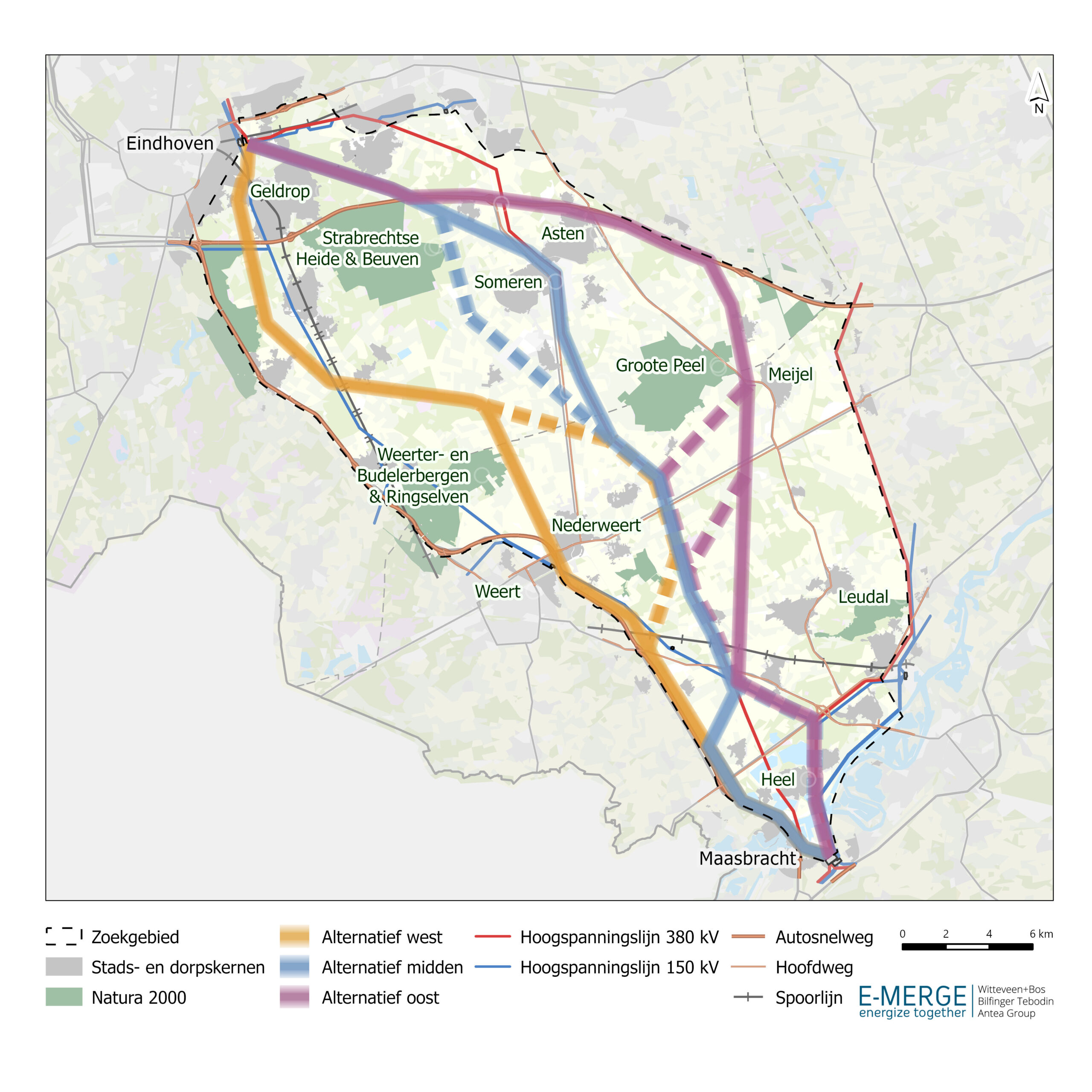 Kaart van zoekgebied in Nederland met alternatieve hoogspanningslijnen en Natura 2000-gebieden.