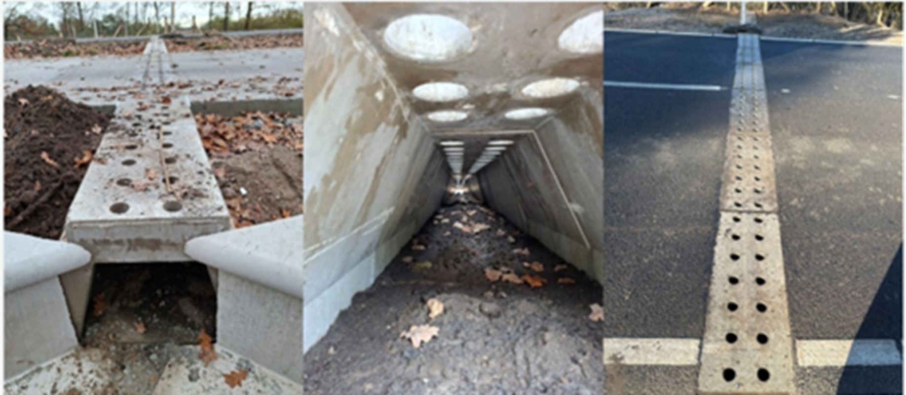 Betonnen faunapassage met gaten voor dieren, gelegen onder een wegdek met bladeren.