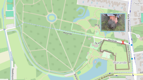 Kaart van park met rode X-markering en inzet van iemand die planten bestudeert.