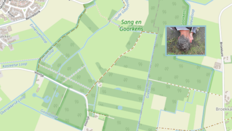 Kaart van Sang en Goorkens gebied, met ingevoegd beeld van iemand op de grond.
