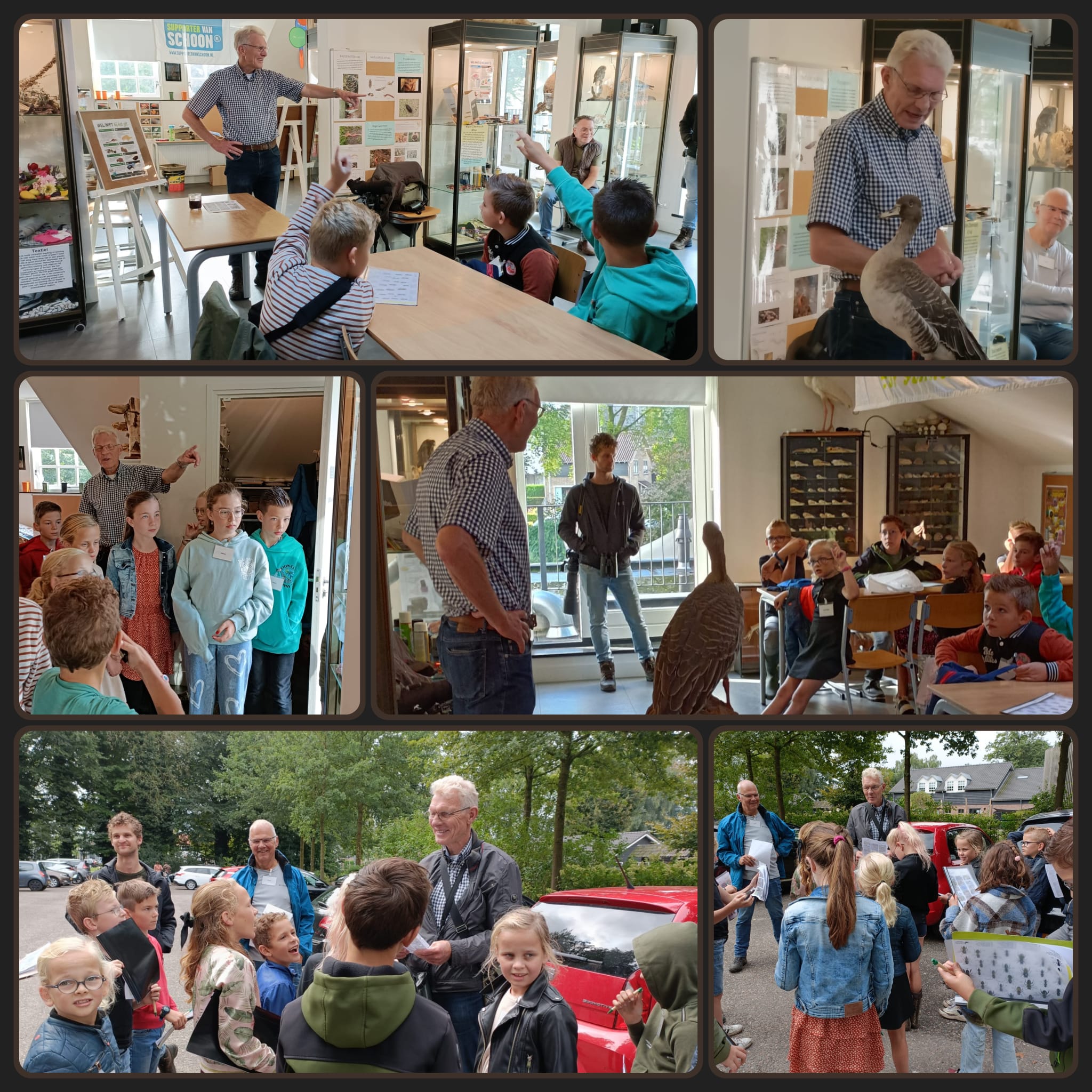 Man geeft les aan kinderen in een klaslokaal en buiten; interactie en educatie centraal.