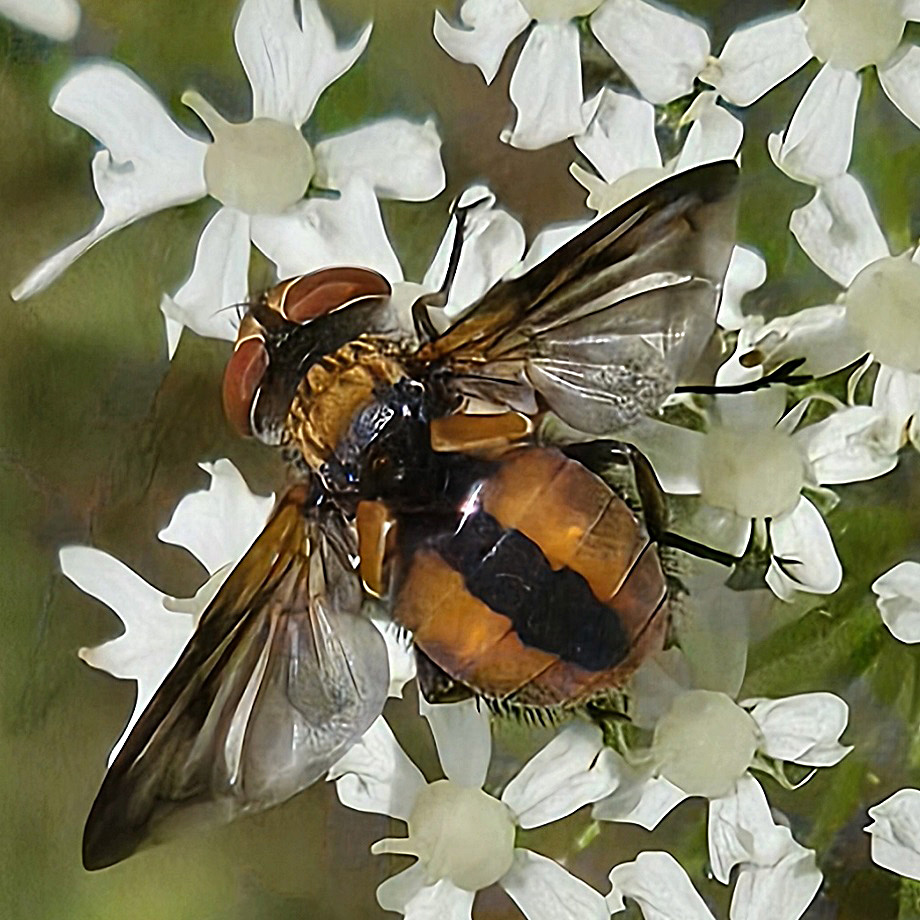 Een vlieg met rode ogen en gestreept achterlijf zit op een schermbloemige witte bloem.