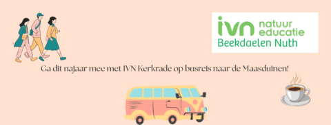 Drie mensen wandelen, busje en koffiekop, tekst: "Ga met IVN op reis naar de Maasduinen".