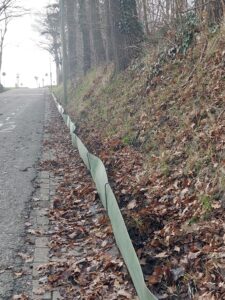 Weg langs een bosrand met bladeren en een groene golfplaat als afscherming tegen de berm.