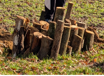 Stapeltje houtblokken op grasveld met persoon in werkbroek op de achtergrond.