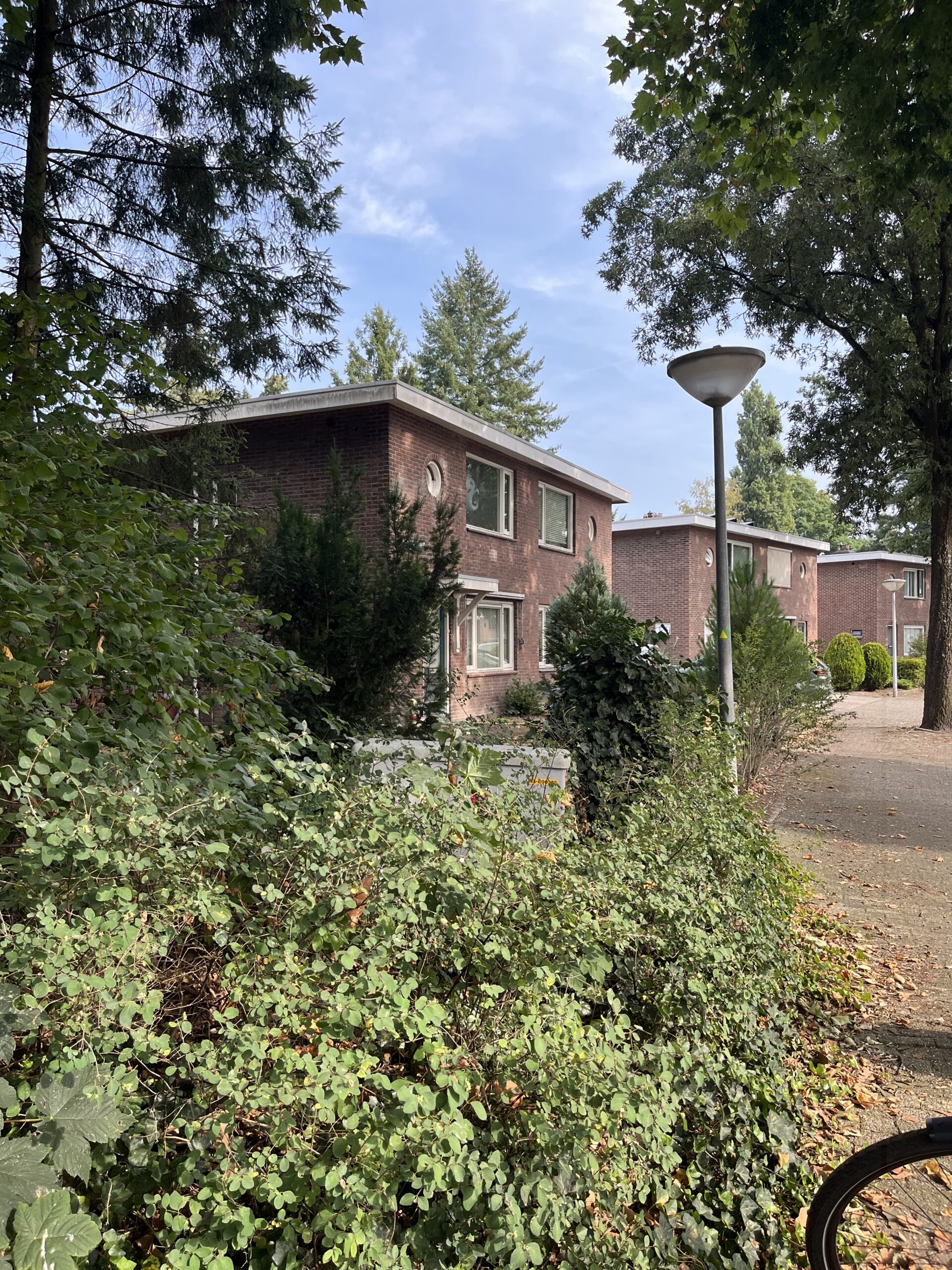Bakstenen huis omringd door groen, met lantaarnpaal en fietswiel zichtbaar op zonnige dag.