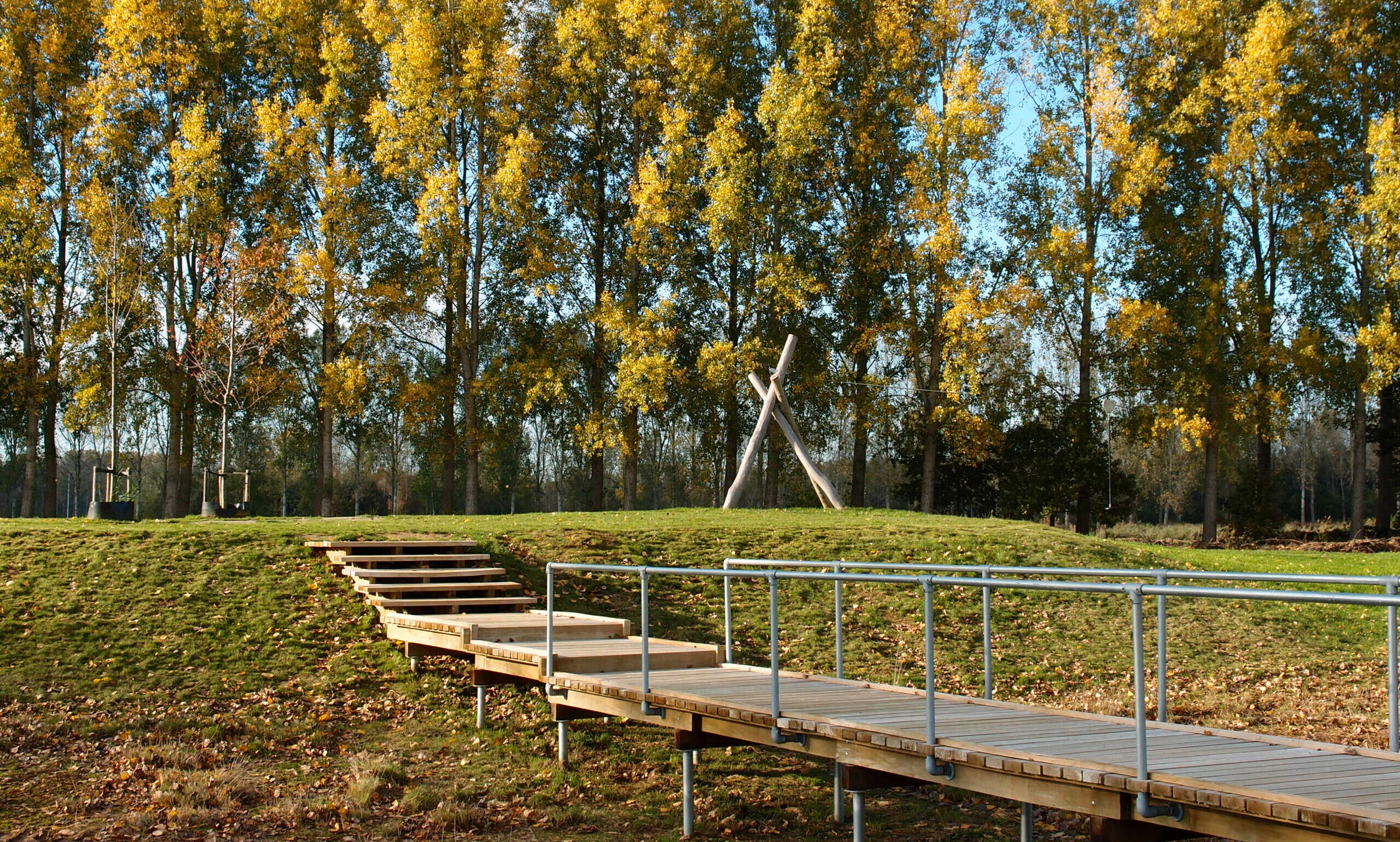 Pad met leuning voert door een park met gras en herfstbomen. Houten sculptuur op de achtergrond.