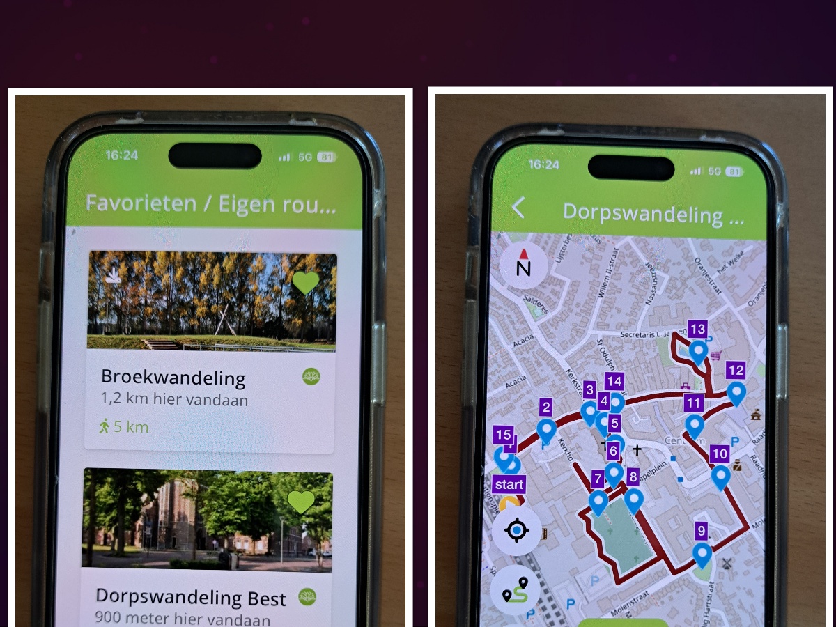 Twee telefoonschermen: links wandelroutes, rechts een stadswandeling op een kaart.