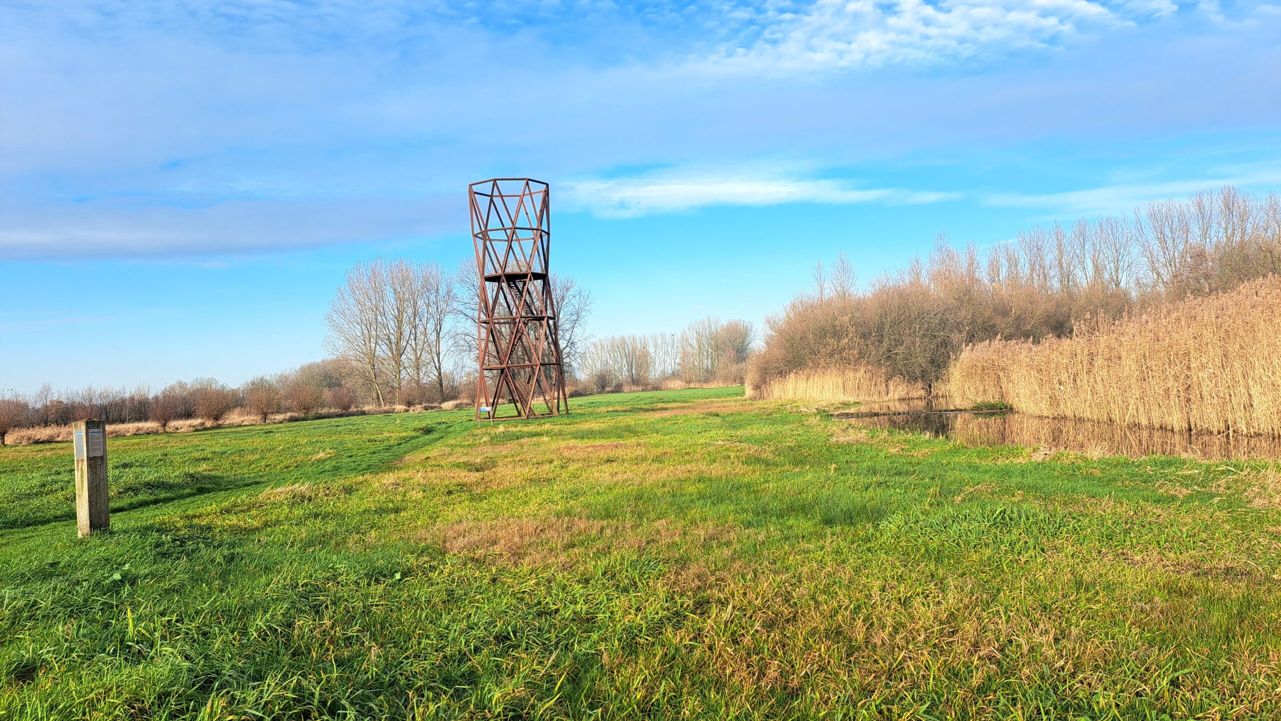 Uitkijktoren op een grasveld omgeven door bomen en riet onder een blauwe lucht.
