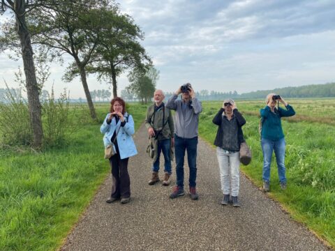 Een groep mensen kijkt met verrekijkers op een landelijk pad onder een bewolkte hemel.