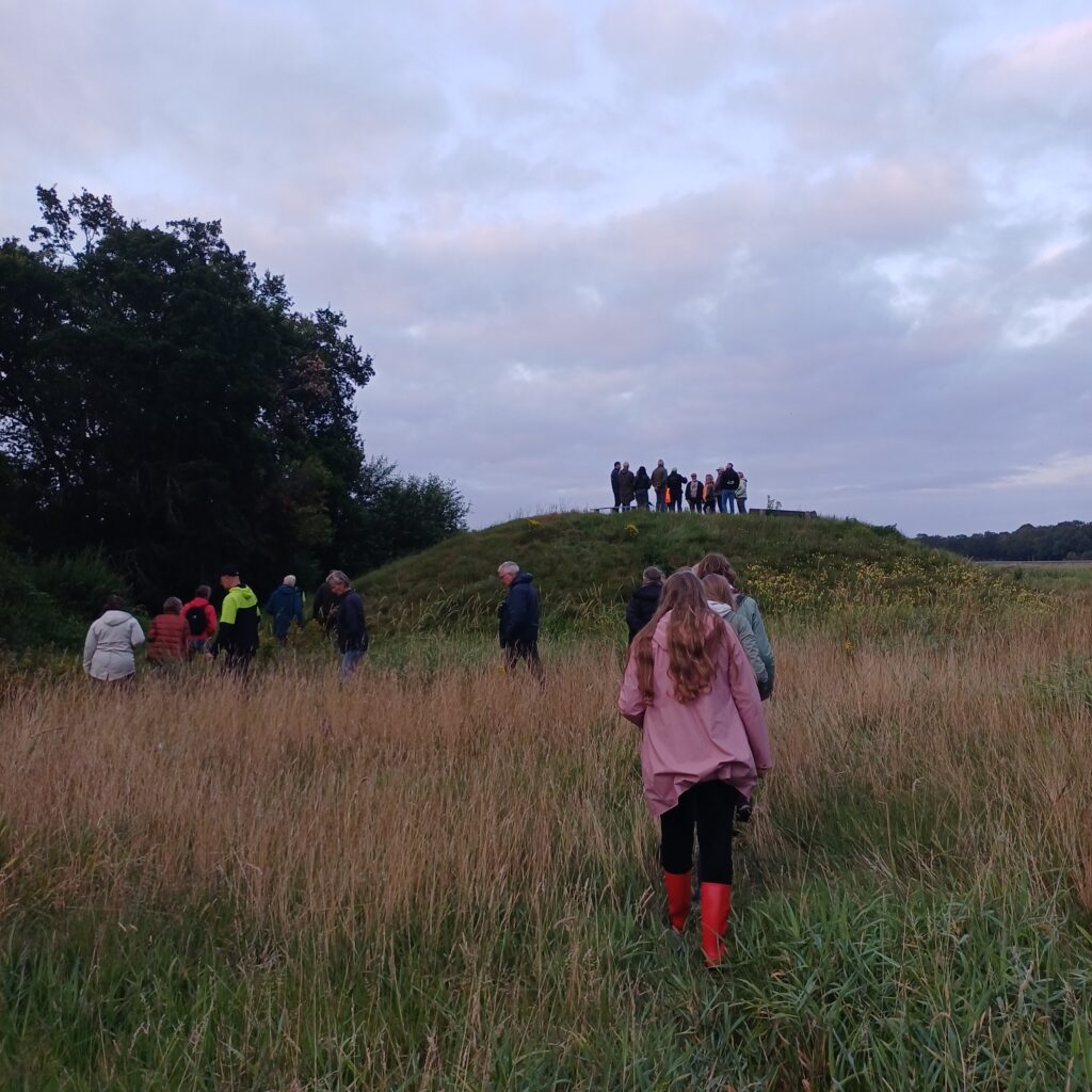Mensen lopen in een veld richting een groep op een heuvel bij zonsondergang.