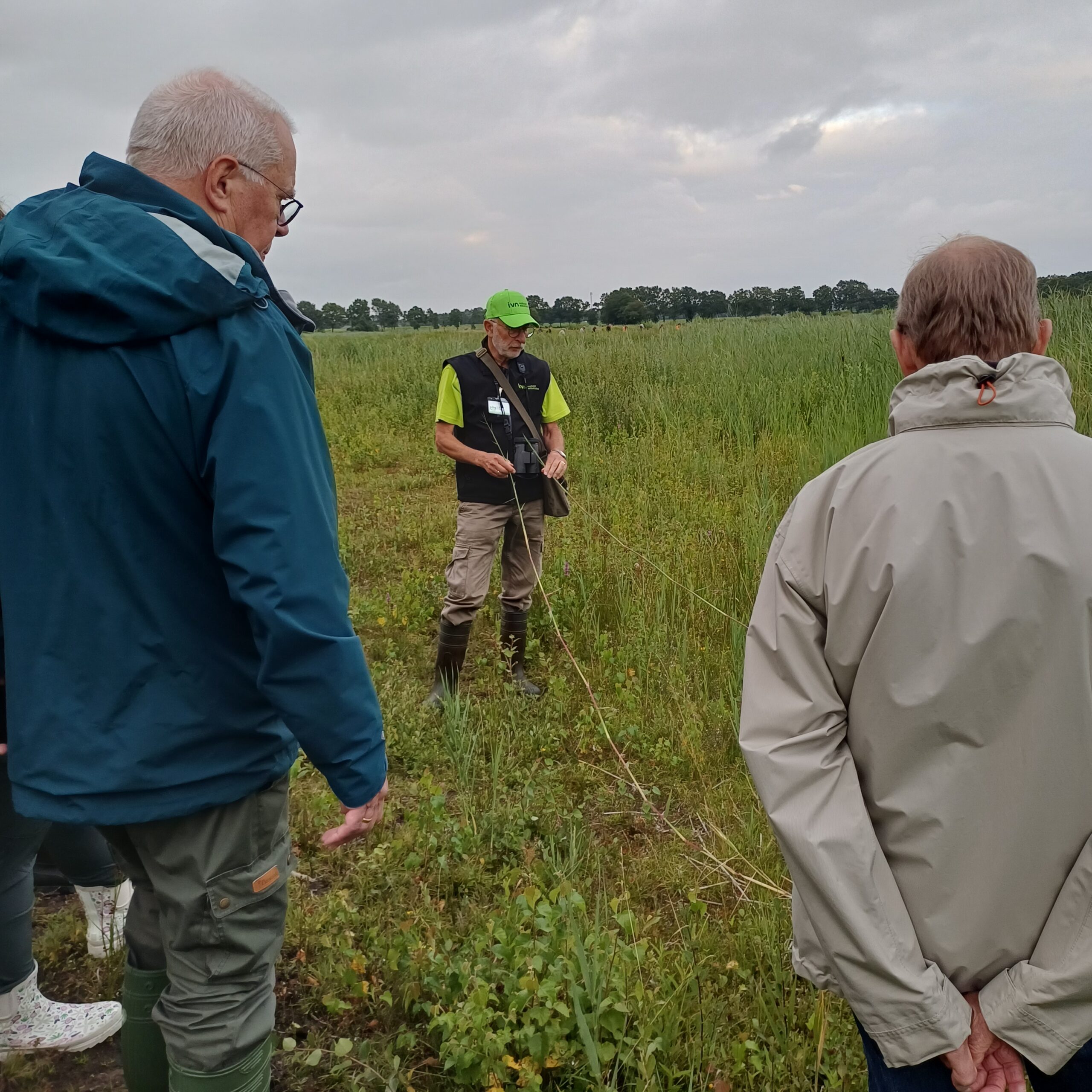 Drie mensen staan in een veld; een persoon geeft uitleg. Het is bewolkt.