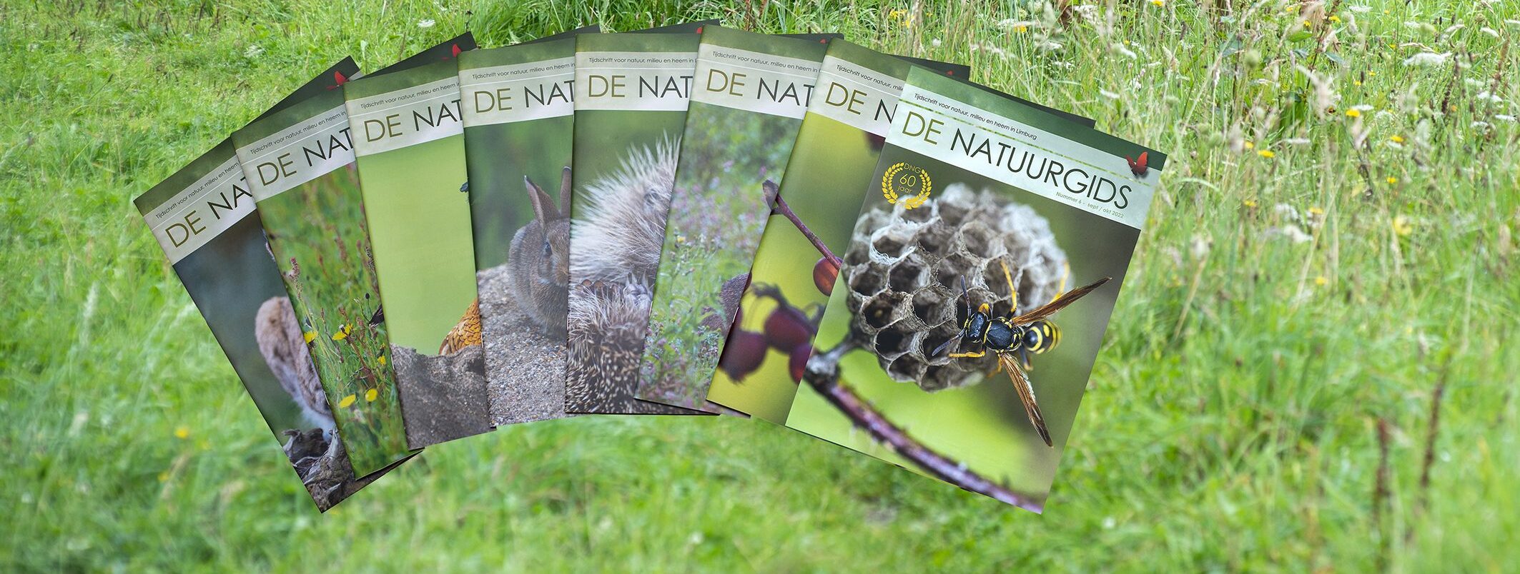 Zes exemplaren van "De Natuurgids" tijdschrift tegen een groene achtergrond.