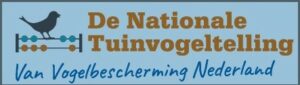 Logo met tekst: "De Nationale Tuinvogeltelling, Van Vogelbescherming Nederland", met vogel en telraam.