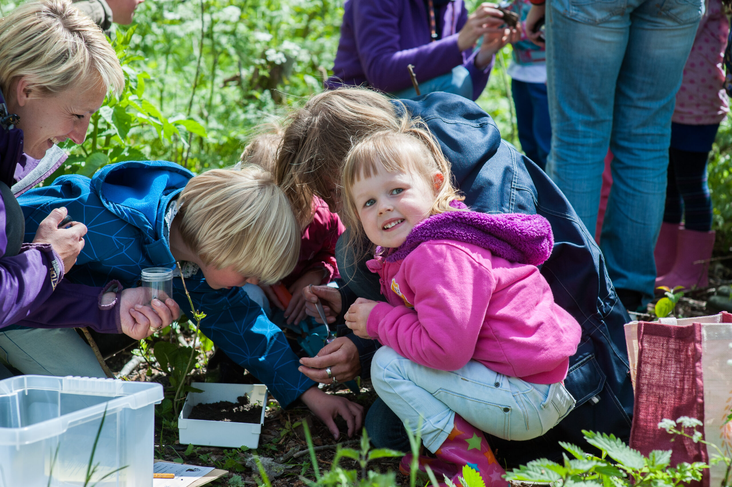 Kinderen verkennen met begeleiding de natuur en bestuderen de grond in een groene omgeving.