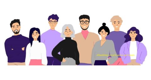 Illustratie van acht diverse mensen, staand en lachend in kleurrijke kleding.