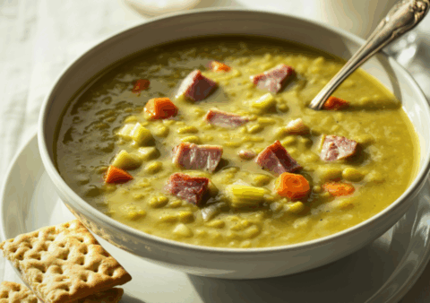 Kom erwtensoep met ham, wortel en prei, geserveerd met crackers op een witte ondergrond.