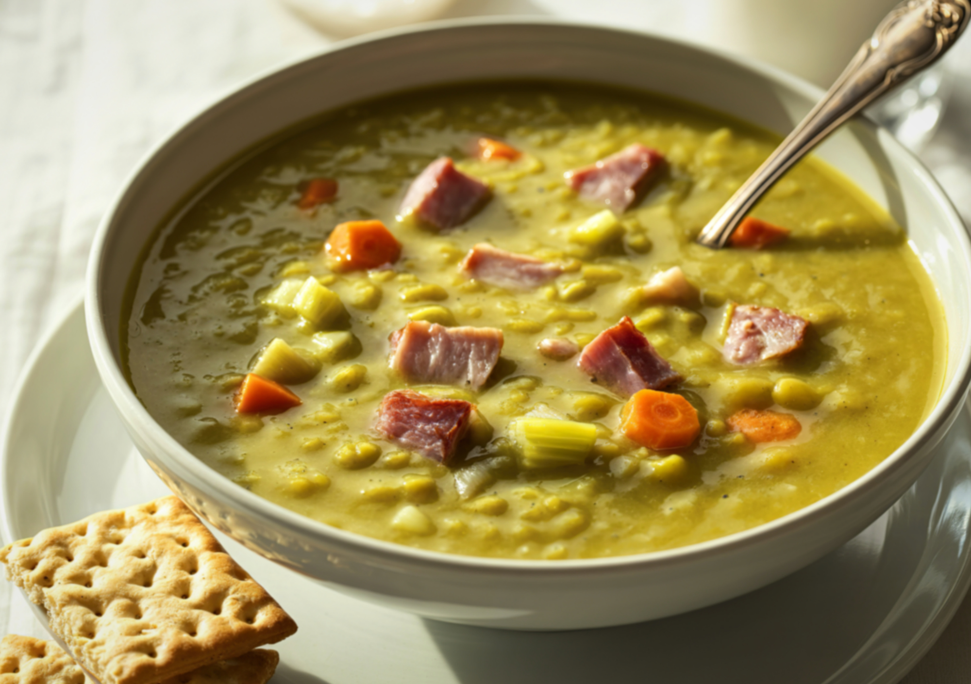 Kom erwtensoep met ham, wortel en prei, geserveerd met crackers op een witte ondergrond.
