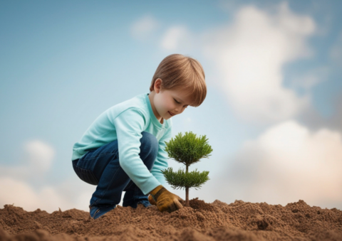 Kind plant een boompje in aarde onder een heldere lucht.
