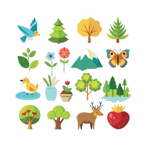 Illustraties van natuur: vogels, bomen, bloemen, vlinder, eend, hert, berg en aardbei.