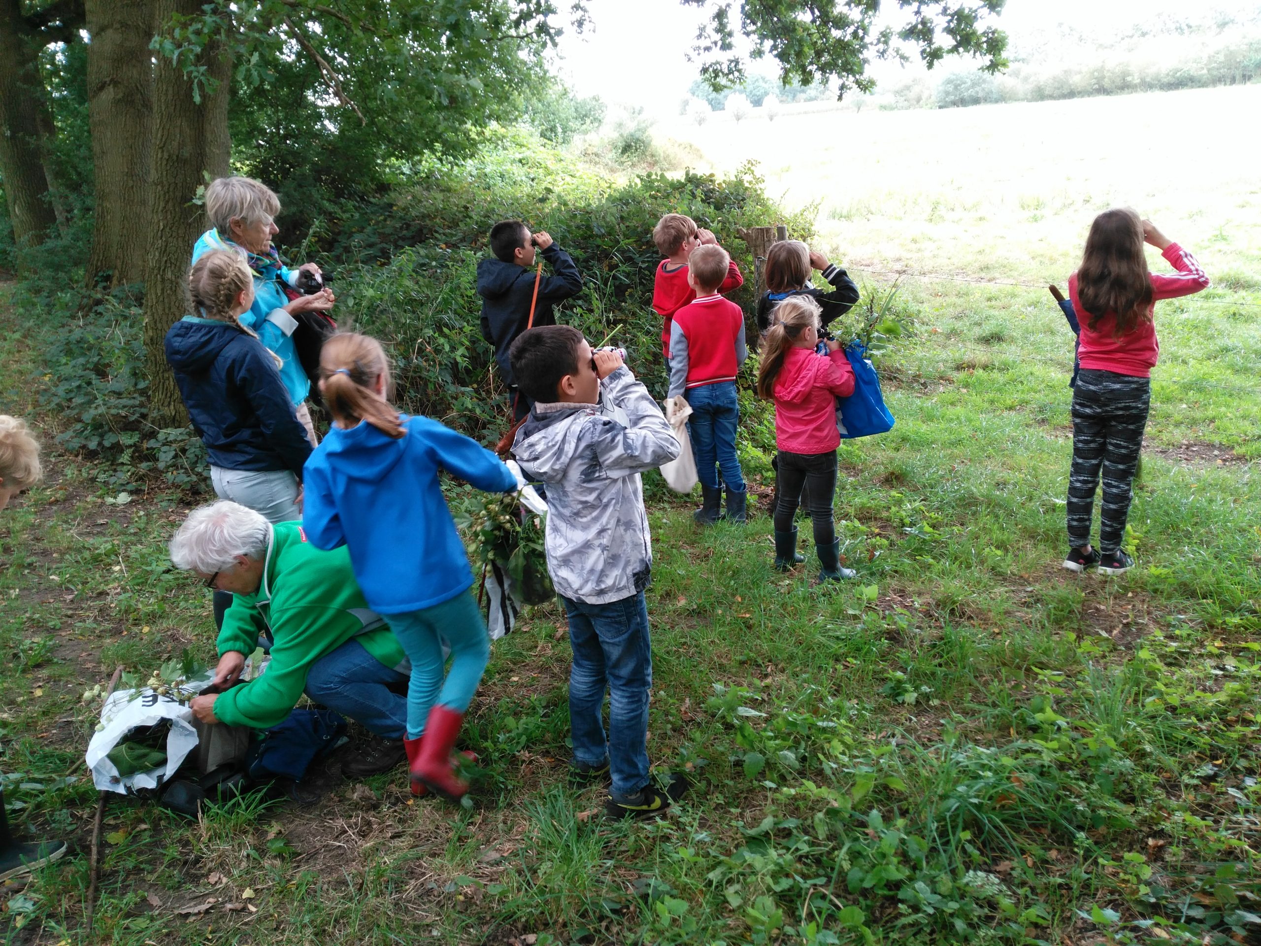 Groep kinderen en volwassenen observeert natuur met verrekijkers in een bosrijke omgeving.