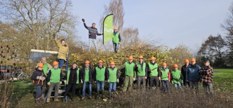 Groep vrijwilligers in groene hesjes en oranje helmen bij een stapel takken, met een IVN-vlag.