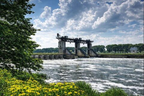 Rivier met dam, bomen en bloemen onder een bewolkte hemel.