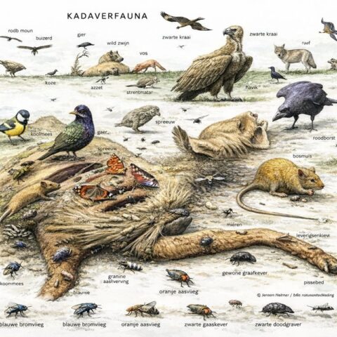 Illustratie van dieren en aaseters rond een karkas, met labels van verschillende soorten in de natuur.