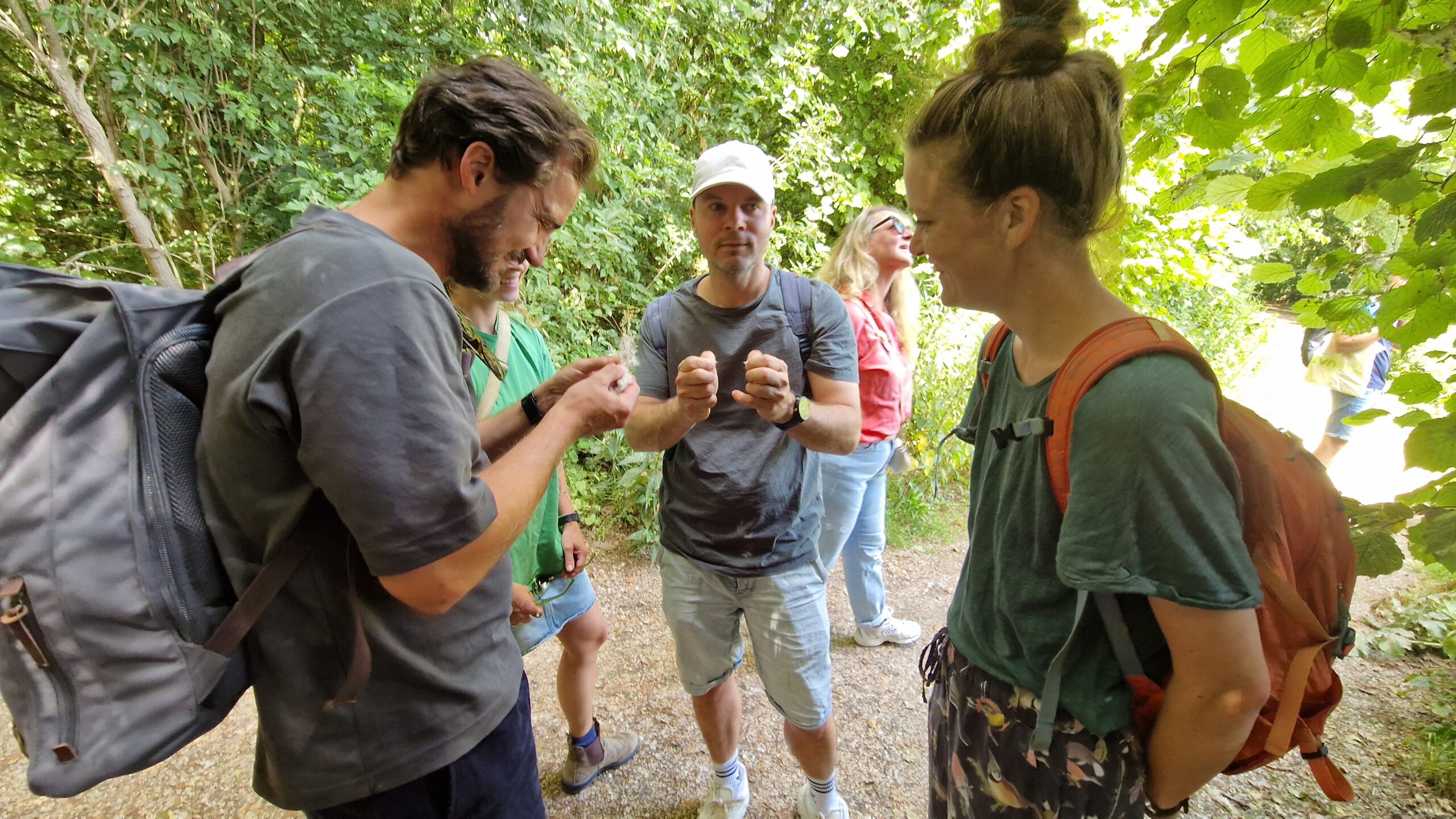 Groep mensen wandelt en praat op bospad, omgeven door groene bladeren.