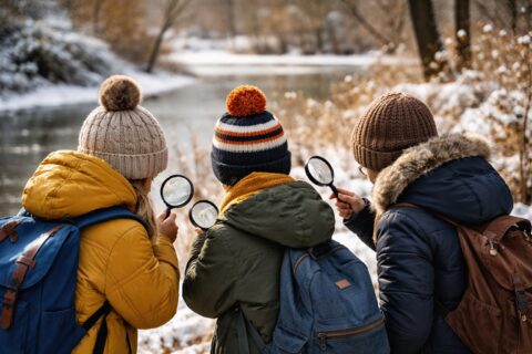 Drie kinderen bekijken iets met vergrootglazen in een besneeuwd parklandschap.