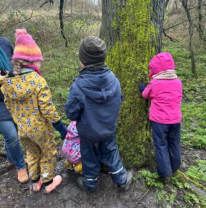 Kinderen bekijken paddenstoelen op een boomstam in het Abtswoudse Bos in de winter
