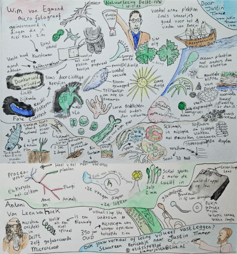 Illustratie van een lezing over microbiologie met teksten, diagrammen en tekeningen van micro-organismen.