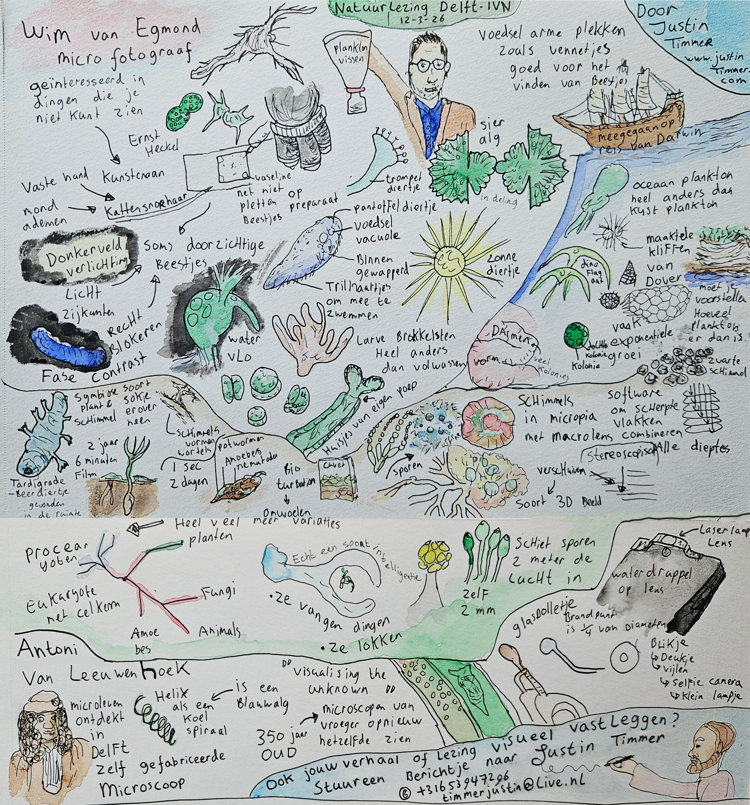 Illustratie van een lezing over microbiologie met teksten, diagrammen en tekeningen van micro-organismen.