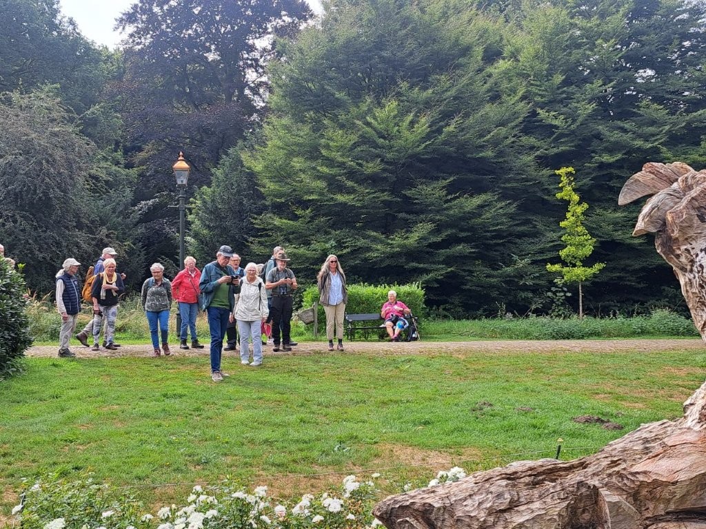 Groep mensen wandelt in een park met bomen en een houten sculptuur op de voorgrond.