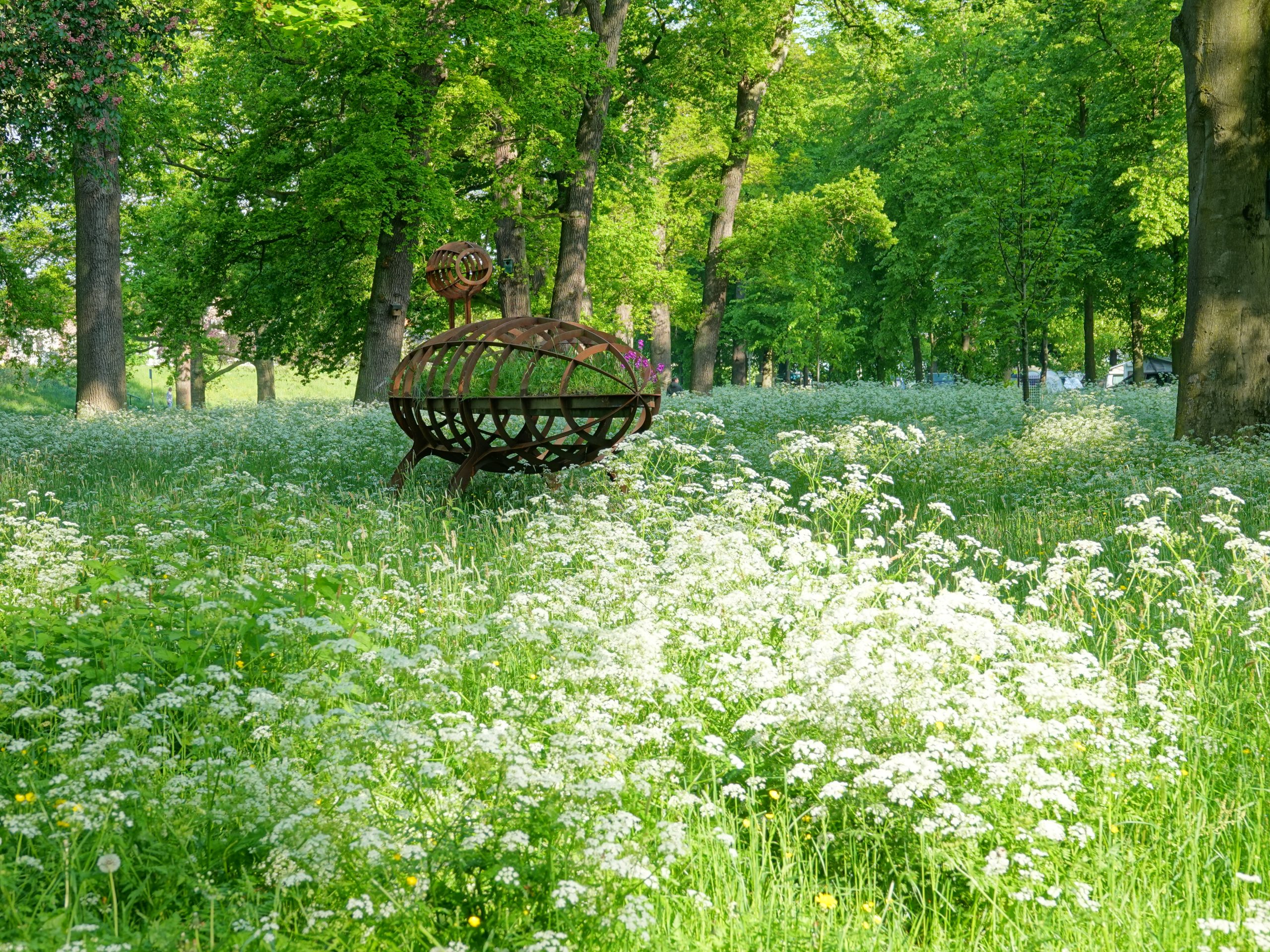 Een roestige, metalen sculptuur in een groene parkweide met bloeiende witte bloemen.