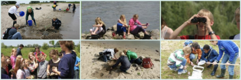 Kinderen onderzoeken natuur en water; activiteiten zoals zandspelen, observeren en veldstudies.