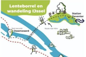 Kaart met wandelroute langs de IJssel, van Ossenwaard naar Station Deventer.