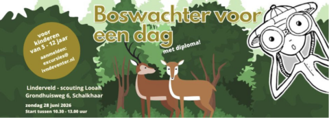Promotie voor "Boswachter voor een dag" evenement, met kinderen, dieren en locatie-informatie.