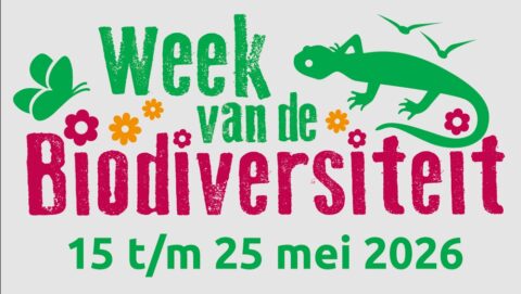 "Poster voor 'Week van de Biodiversiteit' 15-25 mei 2026, met dieren en bloemen."