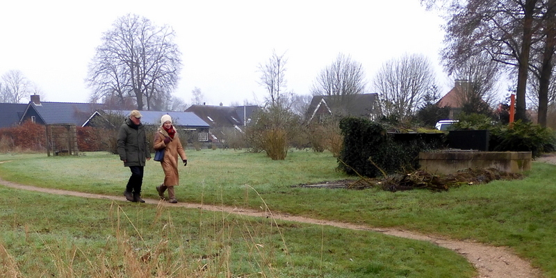 Twee mensen wandelen over een pad in een groen park met huizen en bomen op de achtergrond.